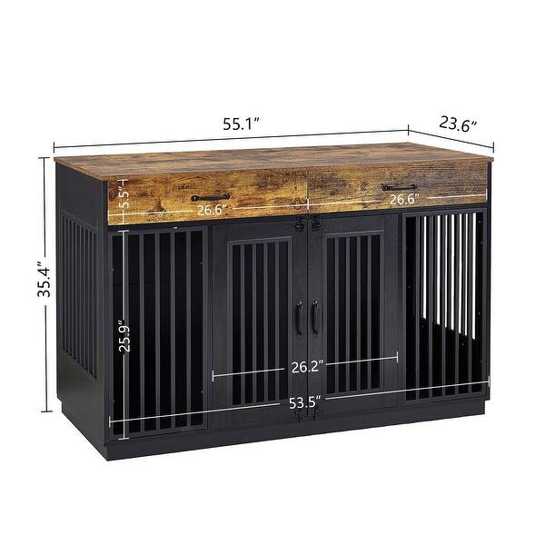 Dog Crate Furniture Kennel, Dog Cage with Double Doors Wooden Pet House with 2 Drawers