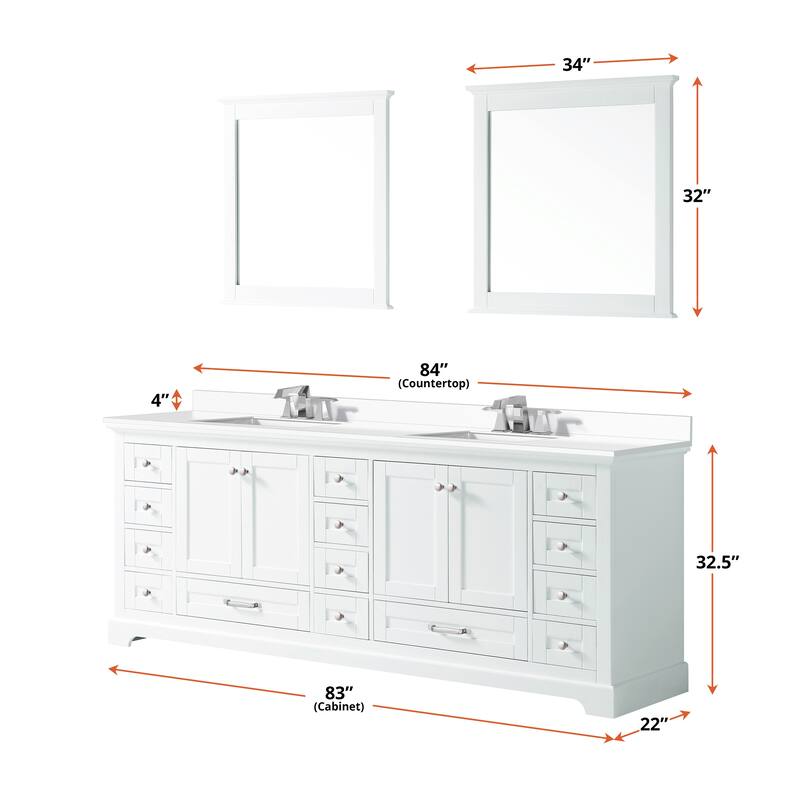 Dukes 84 in. W x 22 in. D White Double Bath Vanity, Cultured Marble Top, and 34 in. Mirrors