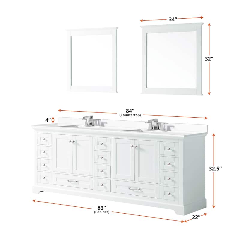 Dukes 84 in. W x 22 in. D White Double Bath Vanity, White Quartz Top, Faucet Set, and 34 in.