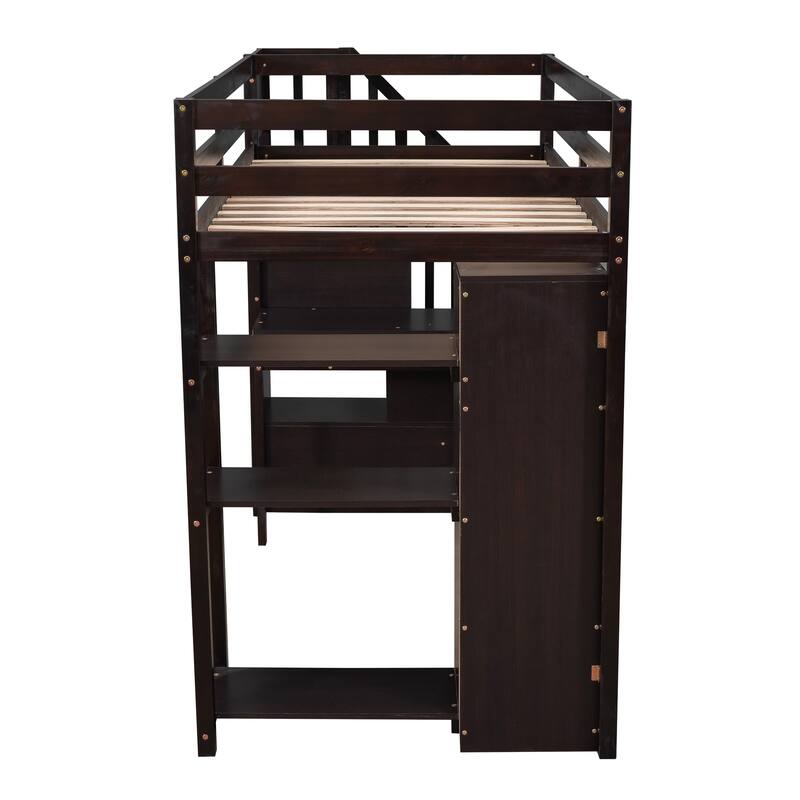 Twin Size Loft Bed with Storage, Desk, Stairs, and Shelves in Espresso Finish