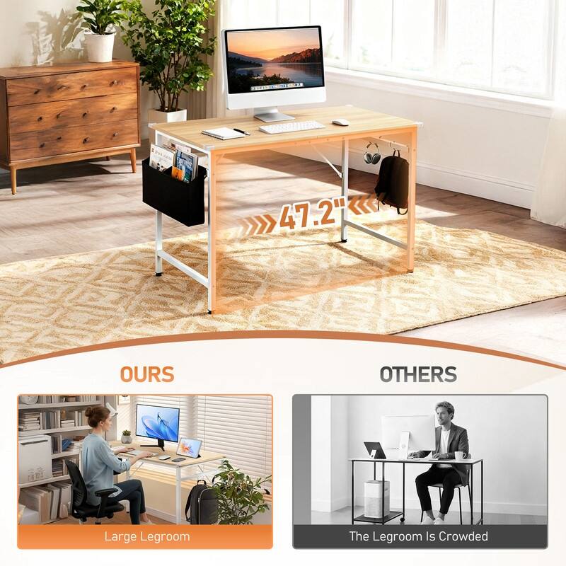 47.2” Computer Desk for Home Office - Study Writing Desk with Storage, Side Hooks & Adjustable Feet
