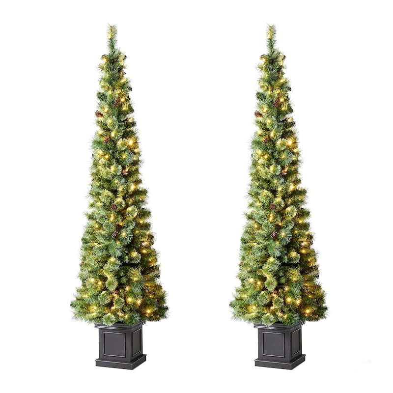 Glitzhome 5ft/6ft/7ft Pre-Lit Green Pine Christmas Potted Porch Tree with LED Lights and Remote Control