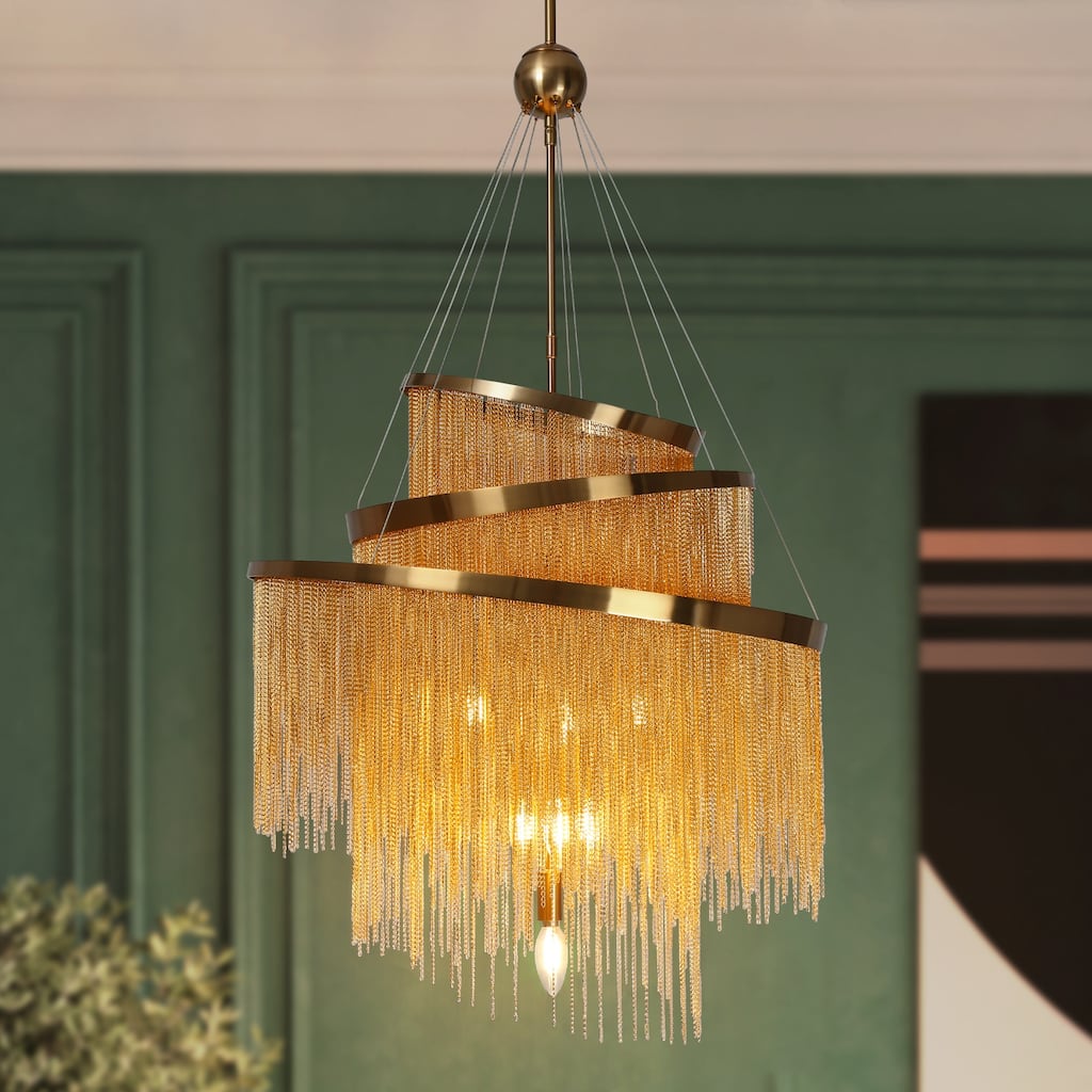 Mid-Century Modern Gold 7-Light 3-Tier Fringe Chandelier - 23.6" Dia. x 31.5" H