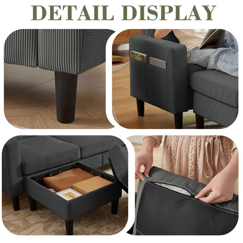 3 Pieces Corduroy Living Room Set with Sofa ,Storage Ottoman and Chair