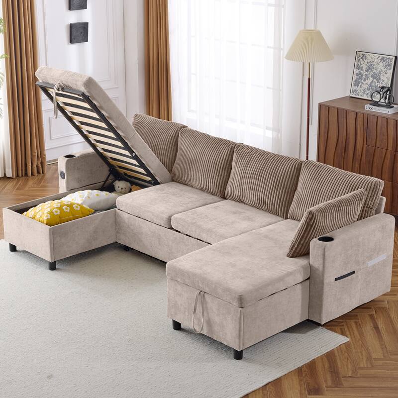 Chenille Sectional Sofa Convertible Sleeper Sofa, U Shaped Couch Sofa with 2 Storage Chaise Lounges and 2 Pillows