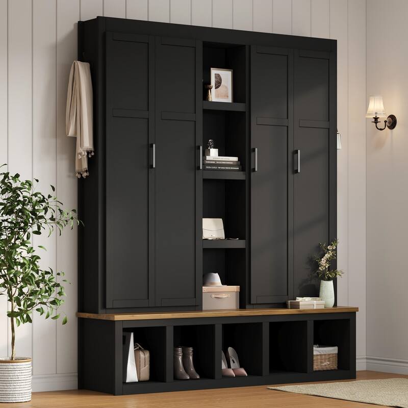 Farmhouse Hall Tree with Bench & 6 Hooks, 62.9"W Shoe Storage, Entryway Organizer for Mudroom, Living Room