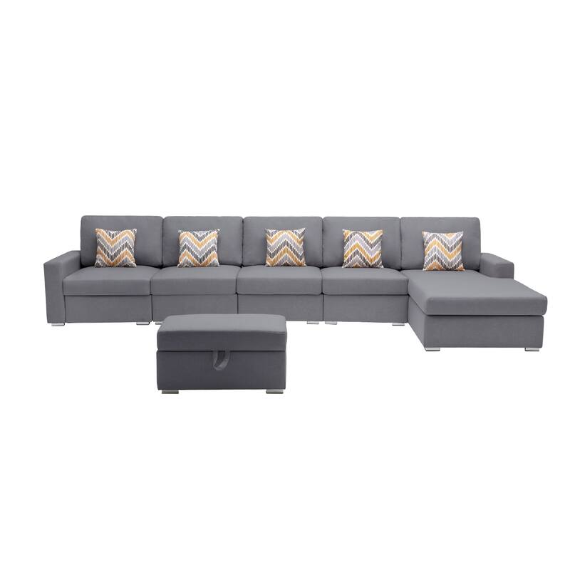 Linen Fabric 6 Piece Reversible Sectional Sofa Chaise with Interchangeable Legs, Pillows and Storage Ottoman in Grey - 6 Piece - Gray