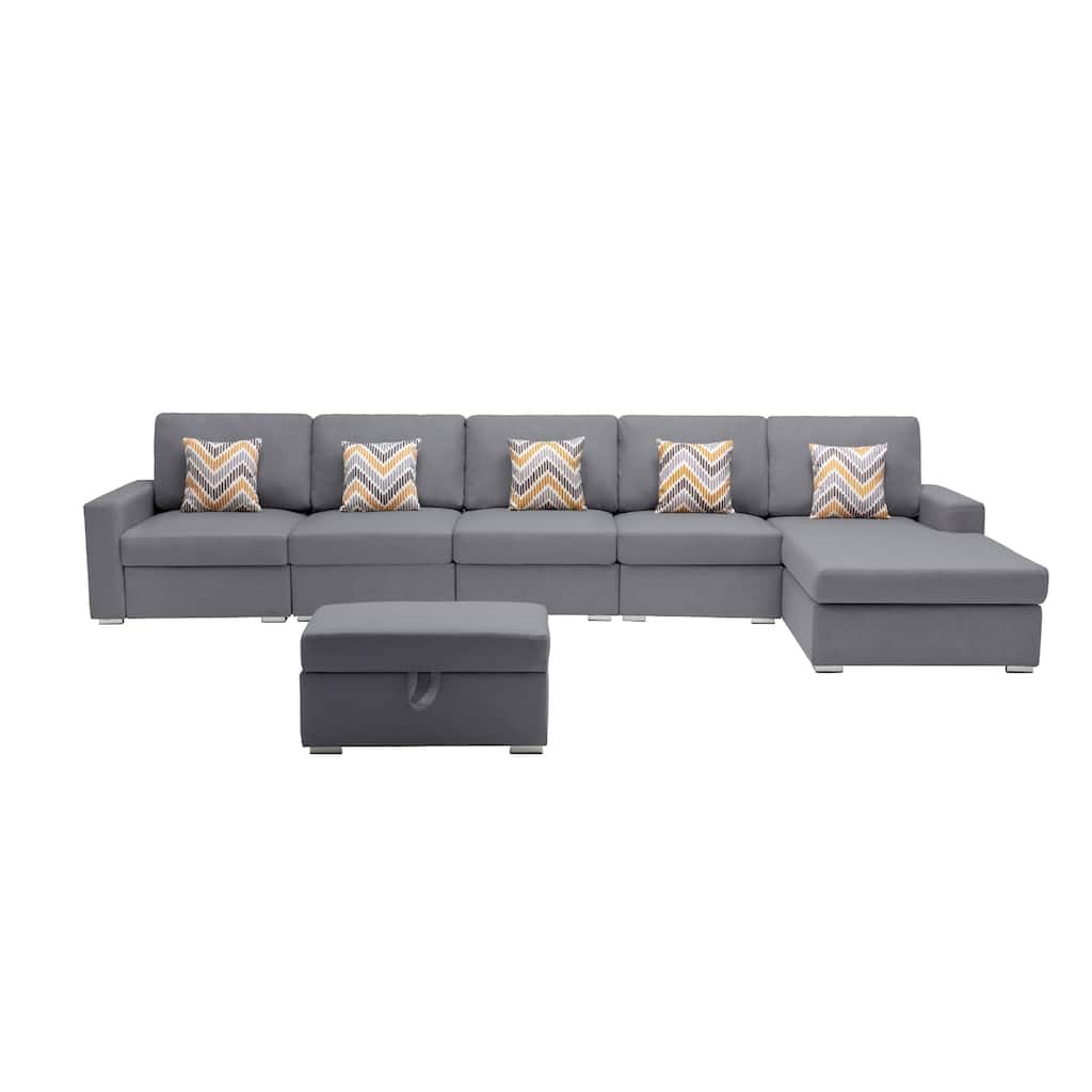 Linen Fabric 6 Piece Reversible Sectional Sofa Chaise with Interchangeable Legs, Pillows and Storage Ottoman in Grey