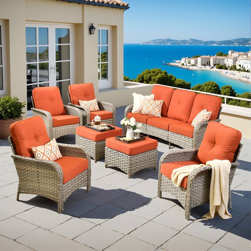 XIZZI 7-Piece Outdoor Patio Furniture Conversation Set with Ottomans - Red/Orange
