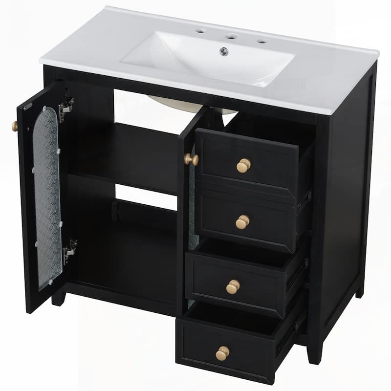 bathroom vanity with two soft close doors and adjustable shelves