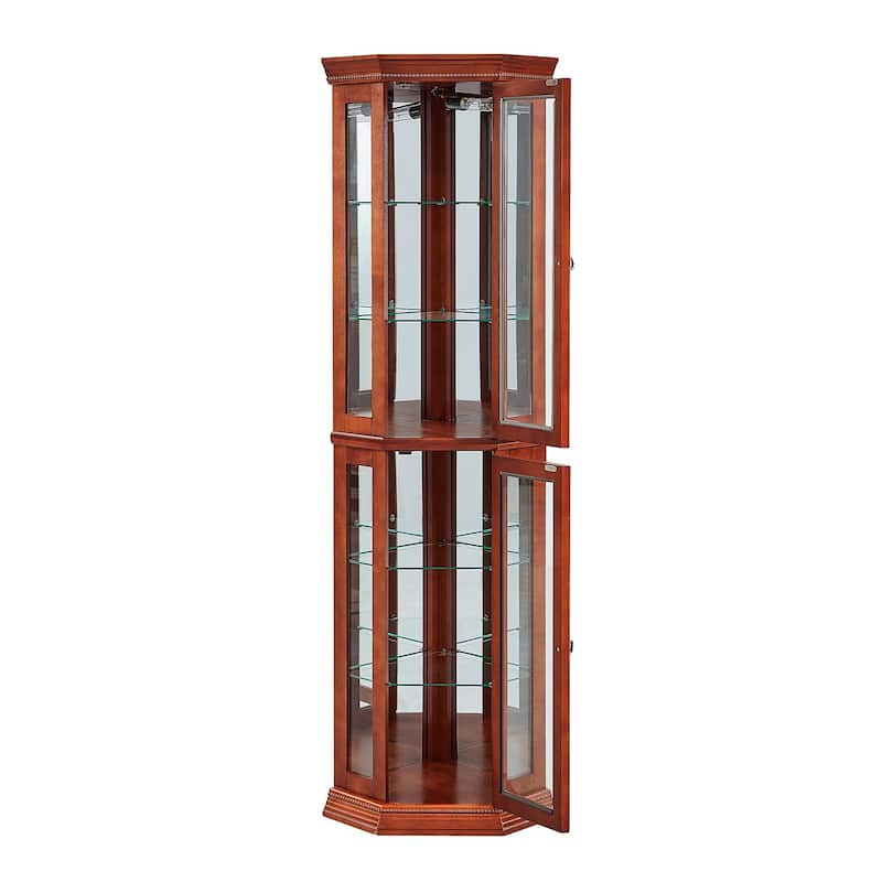 Corner Curio Cabinet with Lights, Adjustable Tempered Glass Shelves, Mirrored Back, Display CabinetE26 light bulb not included)