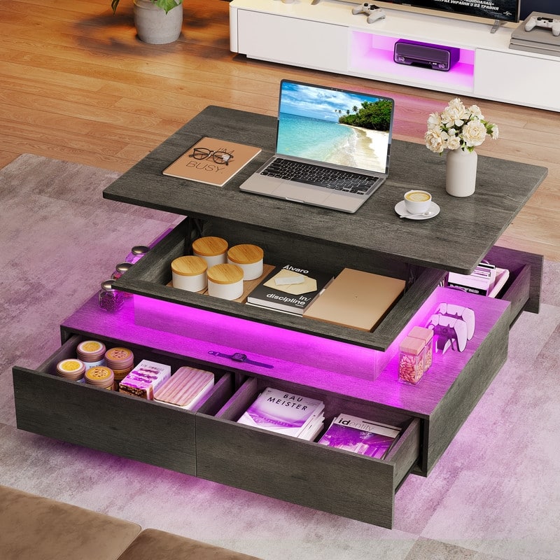 Moasis Modern Glossy Coffee Table with Drawers & LED Lights for Living Room