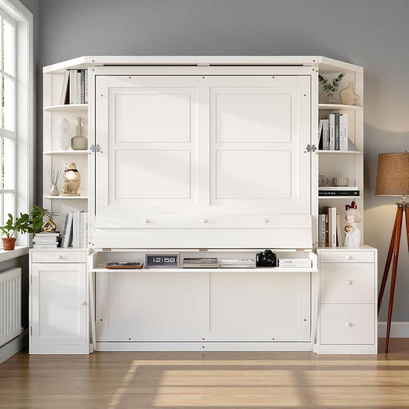 Queen Murphy Bed with Desk, Storage Shelves and Cabinets, Hidden Wall Bed for Home Office Space Saving Furniture - White - Queen