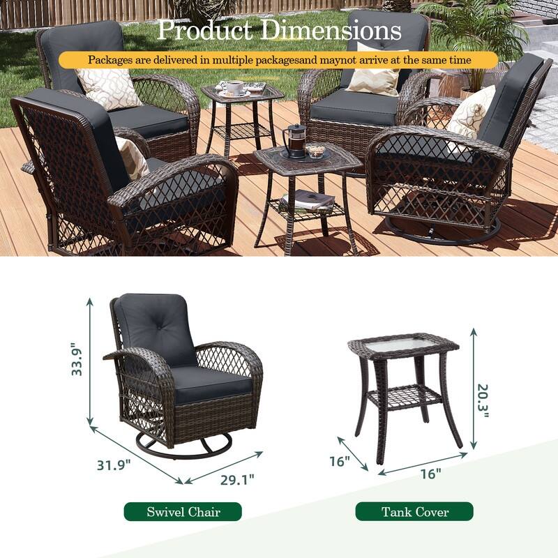 Patio Watcher 6-Piece Brown Wicker 360-Degree Patio Conversation Outdoor Rocking Chair Set with Cushions