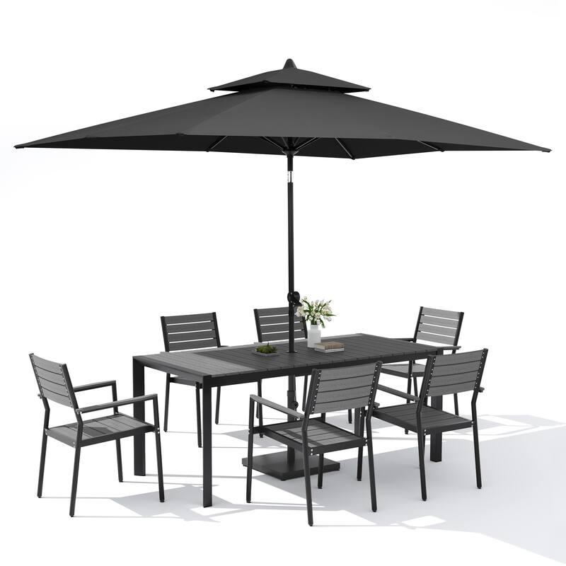 9-Piece Outdoor Patio Dining Set Wood Like Aluminum Umbrella Hole Table with Stackable Armchairs, Market Umbrella and Base