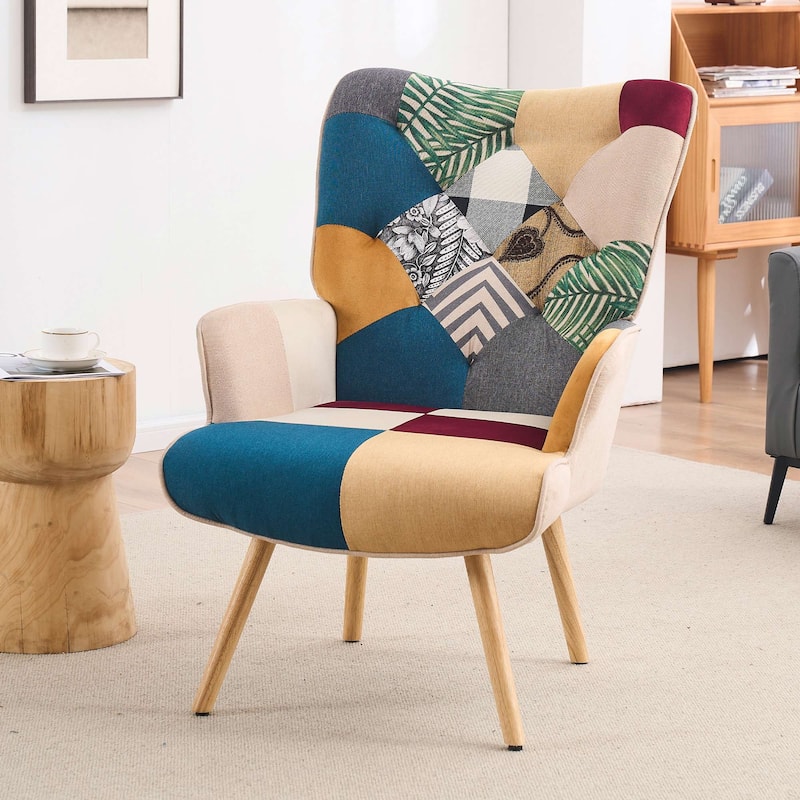 FERPIT Upholstered Wingback Accent Chair with Rubberwood Legs & Levelers - Solid Color