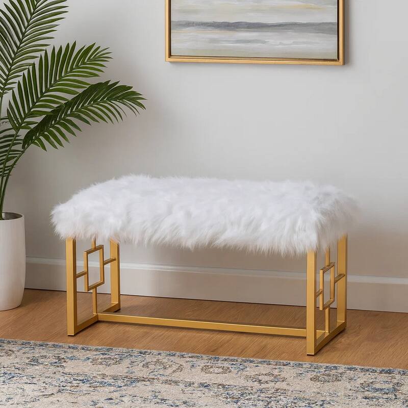 Modern Style Faux Upholstered Bench with Geometrical Side Panels, White and Gold