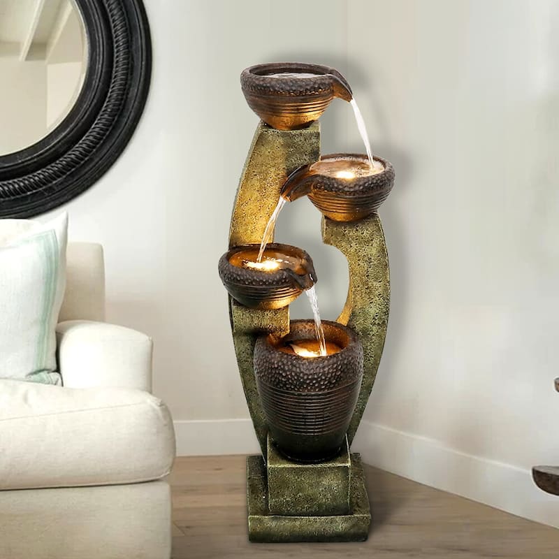 40"H Resin Water Feature with LED Lights – Multi-Tier Fountain for Home or Garden