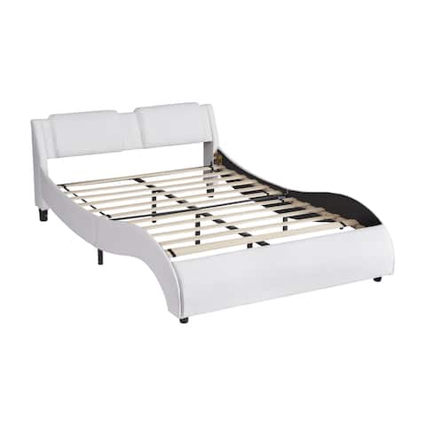 Queen Size Upholstered Faux Leather Platform Bed with LED Light Bed Frame with Slatted for Small Bedroom City Aprtment Dorm