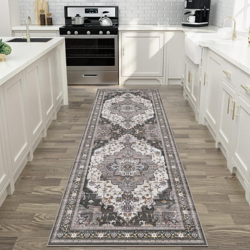 Mcow Retro Floral Medallion Low Pile Lightweight Non Slip Area Rug - Grey - 2'X10' - Rectangle