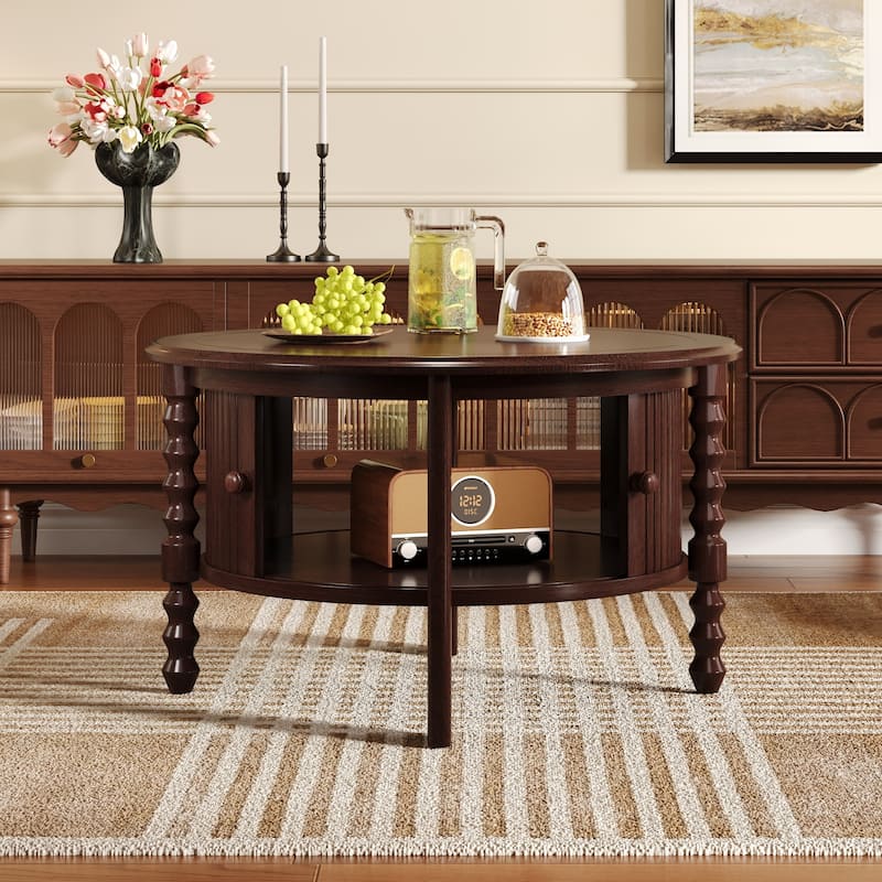 30.3'' Vintage Round Coffee Table With Storage, Mid-Century Modern Cocktail Table Featuring Sliding Door And Slatted Design. -  Walnut