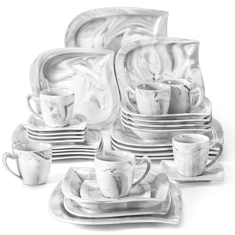 MALACASA Elvira 30-Piece Foliaceous Dinnerware Set (Service for 6) - Marble Grey