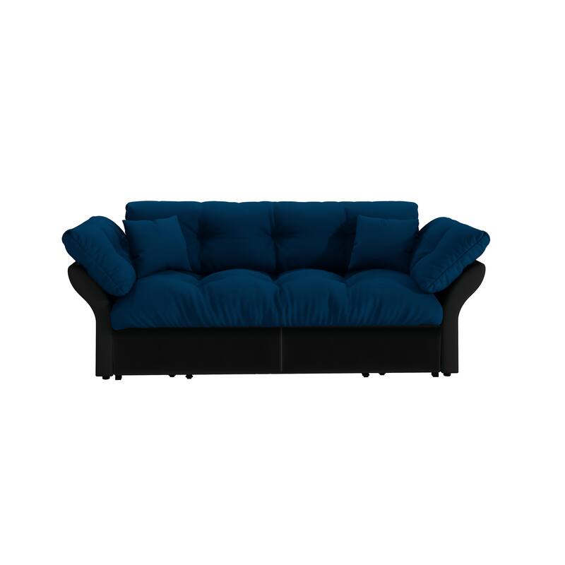 74.8" Convertible Sofa Bed with 2 Pillows, Velvet Loveseat Sleeper Couch, 2 Seater Upholstered Folding Sofa Bed with Flared Arms