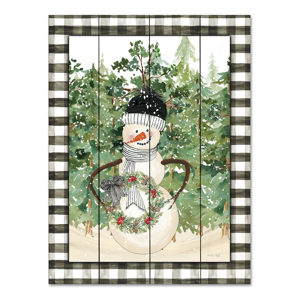 Green Black Snowman with Wreath Christmas Wall Art Decor 16"x12"