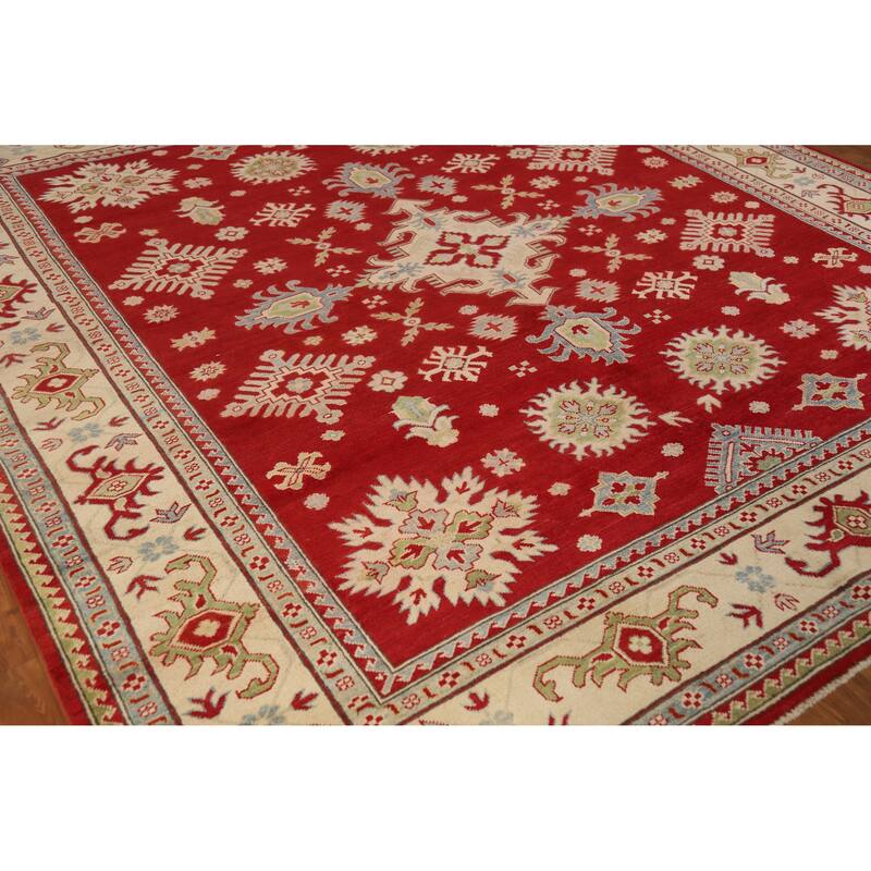 Hand Knotted Oriental 100% Wool Carpet Traditional Geometric Red Kazak Area Rug - 9' 3'' X 8' 5''