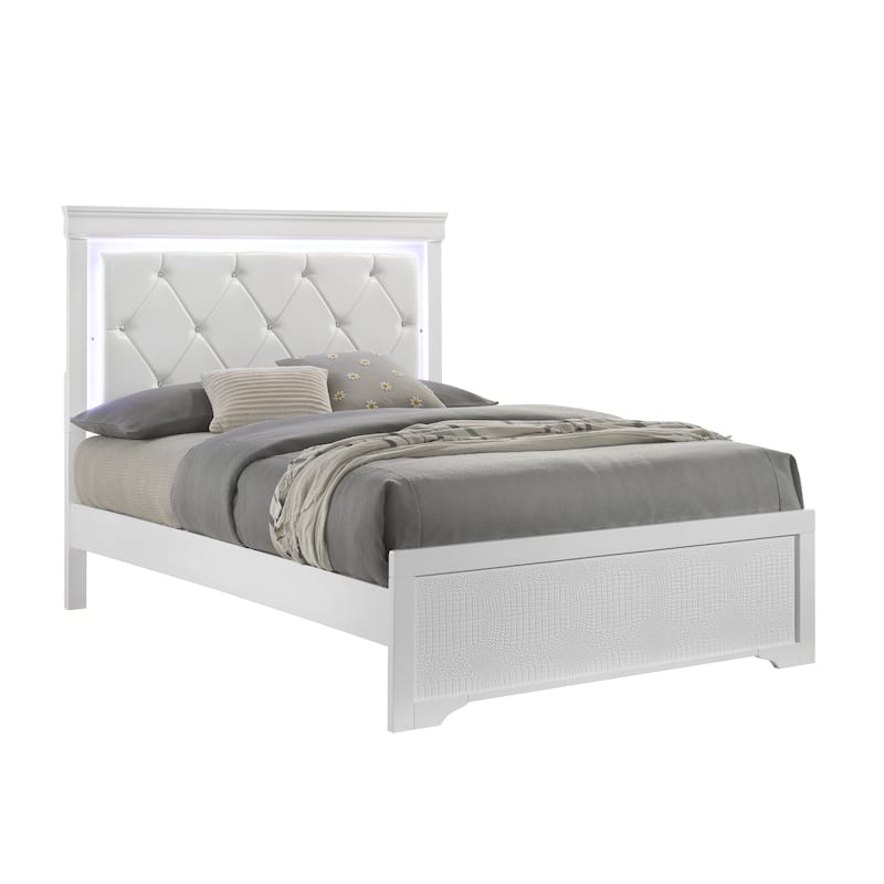 Modern Twin Bed with LED Headboard and Upholstered Design in White