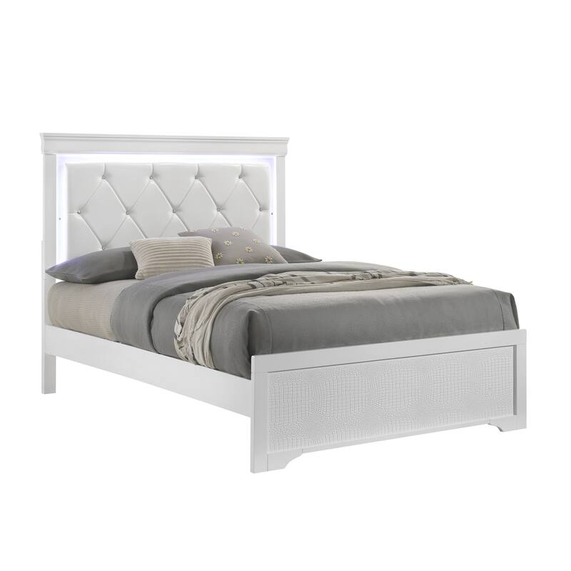 Twin Size MDF Upholstered Platform Bed with LED Headboard in Metallic and Tufted Faux Leather
