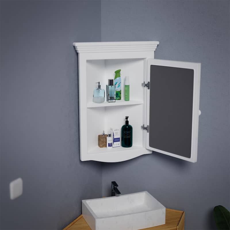 White Corner Wall Mount Medicine Cabinet with Mirror Wooden Bathroom Storage 27" x 20" Double Shelf Pack of 2 Renovators Supply