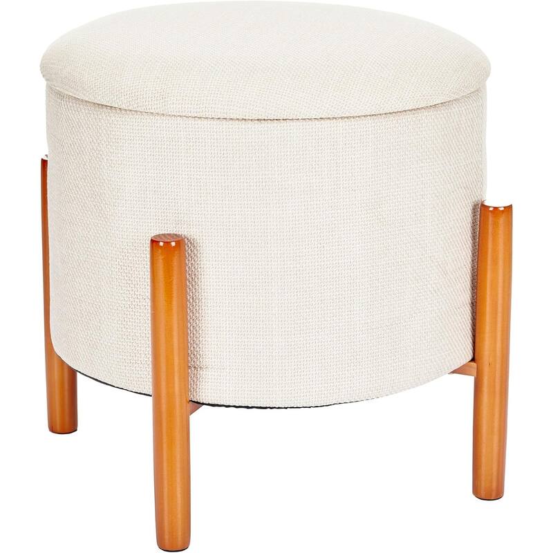 Modern Linen Ottoman with Pine Legs and Hidden Storage Flip Tray - Beige