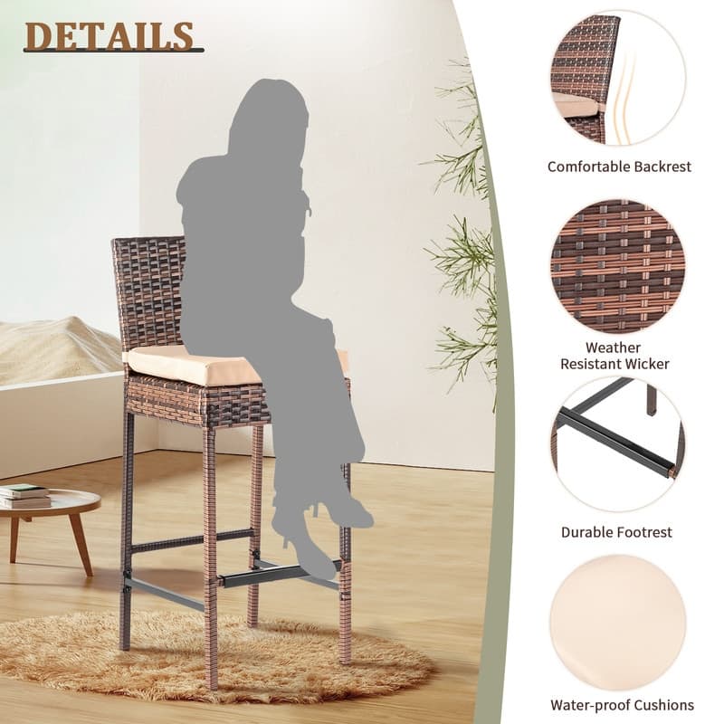 Outdoor 2PCS Wicker Bar Chairs with Cushions