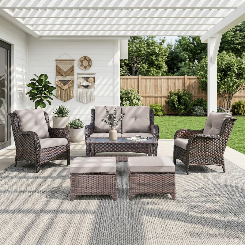 Pocassy Outdoor Patio Wciker Sofa Furniture Set of Chair Table. - Brown Wicker with Beige Cushion - 6-Piece Loveseat Chair Ottoman w/ Coffee Table