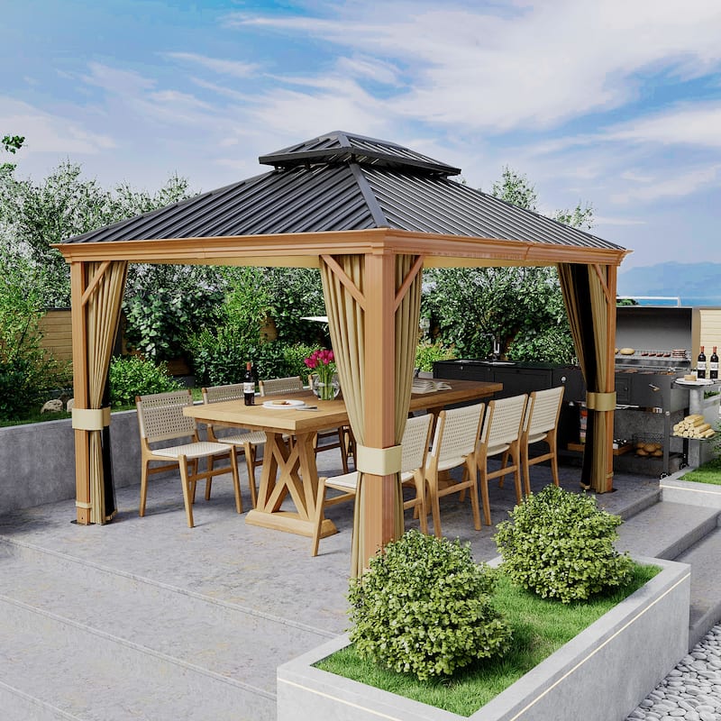 12x10ft Outdoor Double-Roof Aluminum Gazebo with Curtains and Mosquito Netting