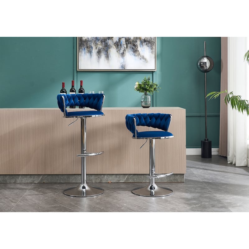 Set of 2 Adjustable Swivel Bar Stools, Blue Velvet with Chrome Footrest & Chrome Legs