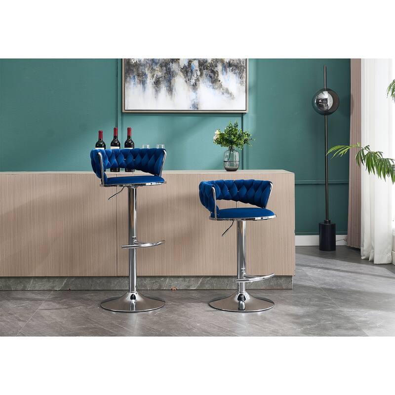 Set of 2 Bar Stools,with Chrome Footrest and Base Swivel, Height Adjustable, Velvet Upholstered + Chrome Leg Simple Bar Stool