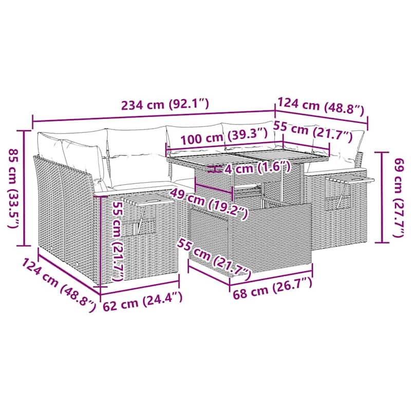 vidaXL Patio Sofa Set with Cushions Outdoor Furniture 7 Piece Poly Rattan