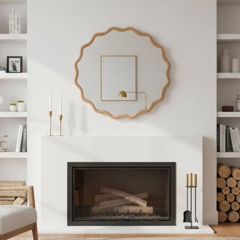 24 inch Wavy Round Solid Wood Frame Decorative Mirror