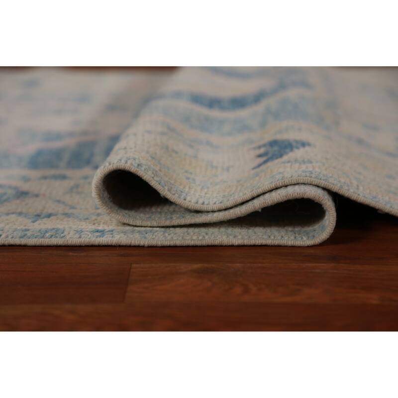 Hand Knotted Oriental 100% Wool Carpet Transitional Geometric Navy Blue & Blues Oushak Runner Rug - 12' 2'' X 3' 3''