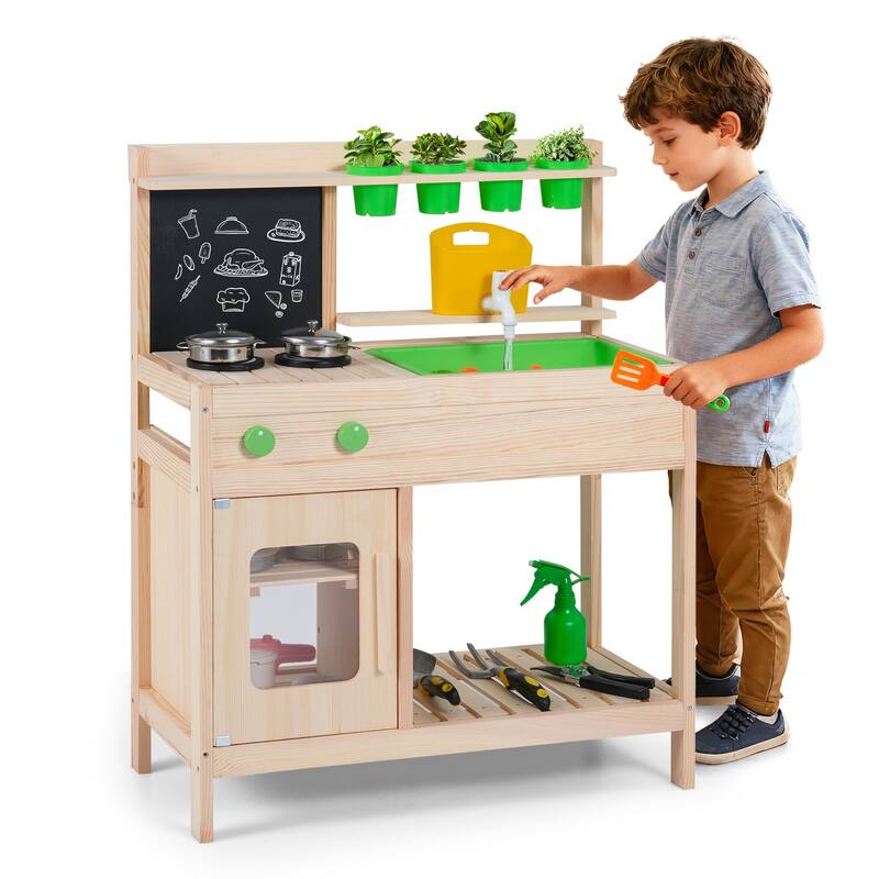 Gymax Kids Mud Kitchen Play Pretend Kitchen w/ Chalkboard Stoves