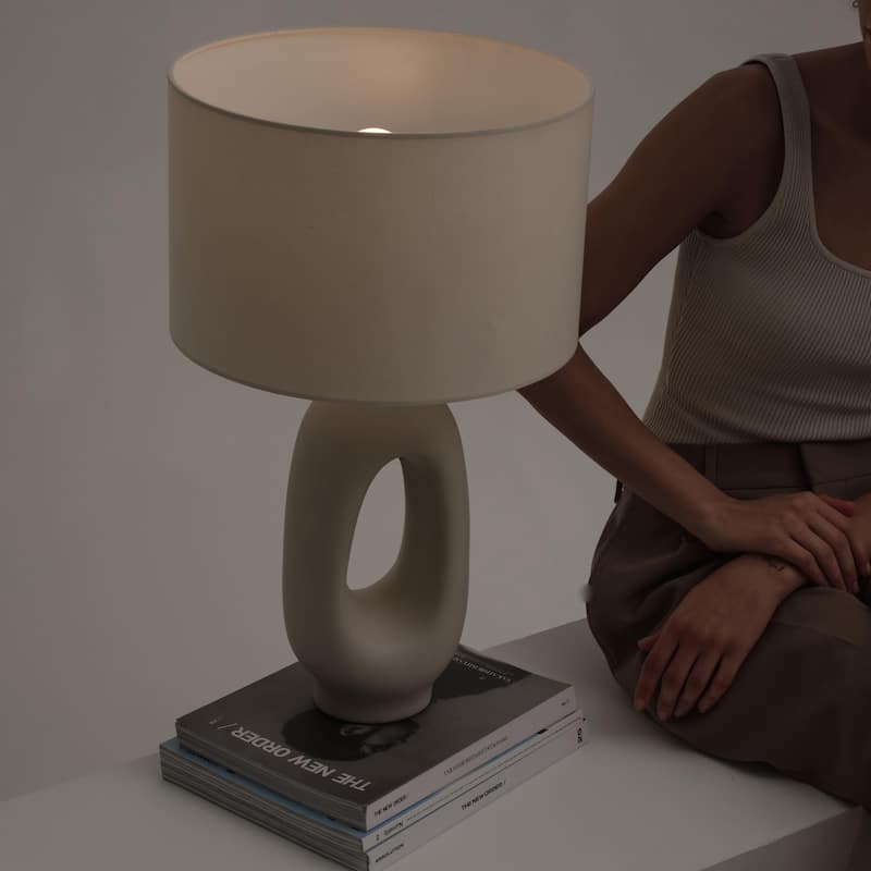 Brightech Artemis 22" Beige/Cream Standard Traditional LED Super Bright Table Lamp with Linen Drum Shade & Built-In USB-C Port
