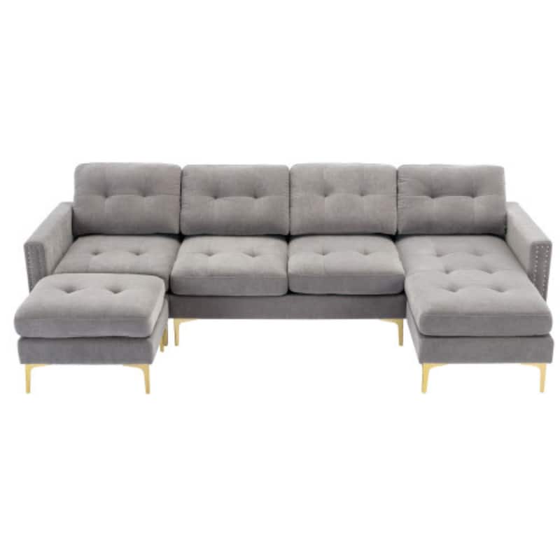 U-Shape Convertible Sectional Sofa with Movable Ottoman and Gold Metal Legs