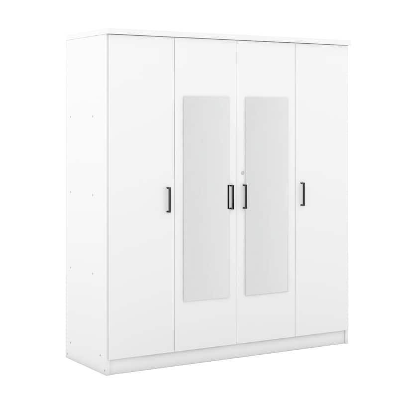 4-Door Mirror Wardrobe with Folding and Hanging Storage Area, Dual Full-Length Dressing Mirrors Door Armoires with Drawer