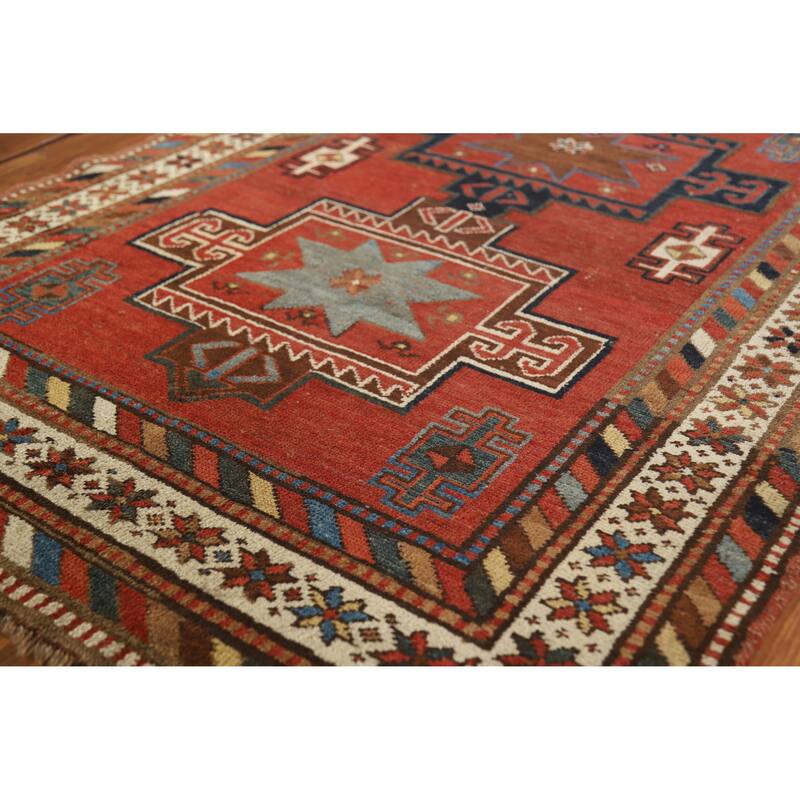 Hand Knotted Oriental 100% Wool Carpet Traditional Tribal Red Kazak Runner Rug - 13' 3'' X 3' 10''