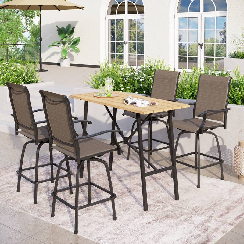 5-Piece Patio Bar Stool Set Wood-grain Bar Table & Textilene Swivel Stools