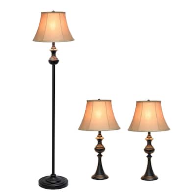 Elegant Designs Traditionally Crafted 3 Pack Lamp Set (2 Table Lamps, 1 Floor Lamp) with Tan Shades, Restoration Bronze - N/A