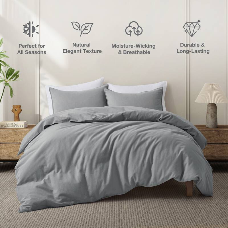 Flax Linen Cotton Blend Duvet Cover Set, Durable, Breathable and Moisture-Wicking, 3 Piece Bedding Set - Full - Queen - Dark Gray
