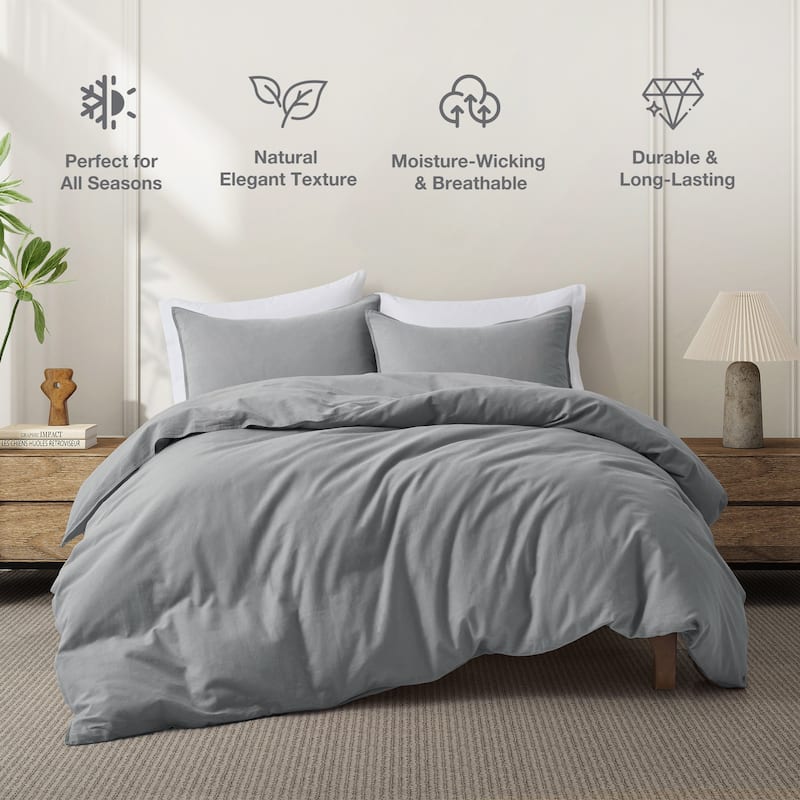 Flax Linen Cotton Blend Duvet Cover Set, Durable, and Moisture-Wicking, 3 Piece Bedding Set